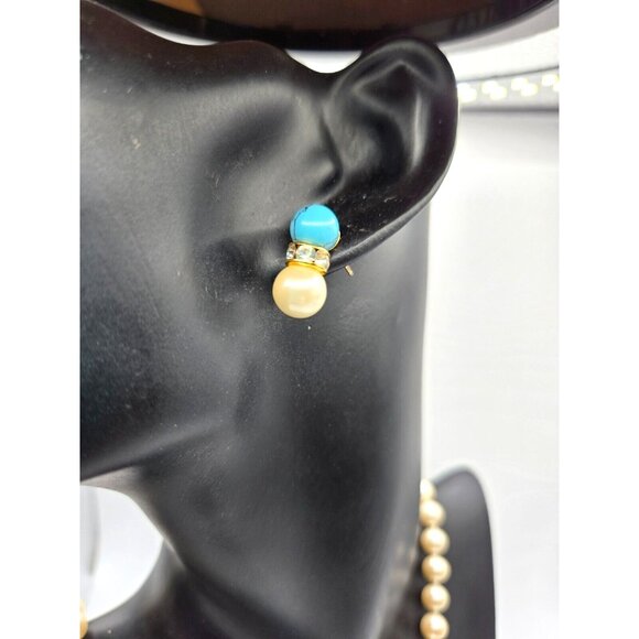 Vintage Pearl and Howlite with Rhinestones Necklace and Pierced earring Set - Picture 6 of 7